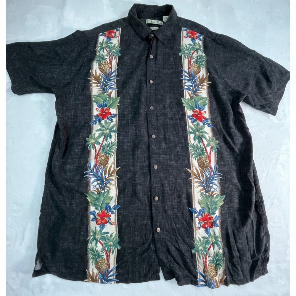 Batik Bay Mens XLT Shirt Tropical Rayon Soft Black Aloha Button Up Short Sleeve